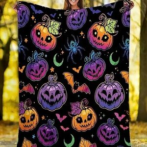 Halloween Smiling Pumpkins Bats Blanket Throw Plush Flannel Fleece Black Fall